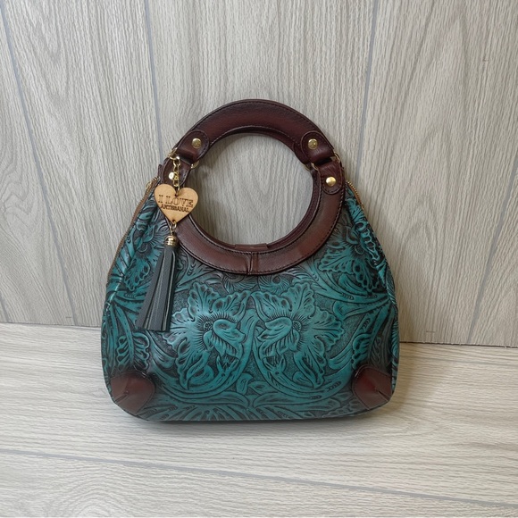 Artesanal Hand Tooled & Painted Vegan Leather Handbag Clutch Brown Turquoise - Picture 3 of 15